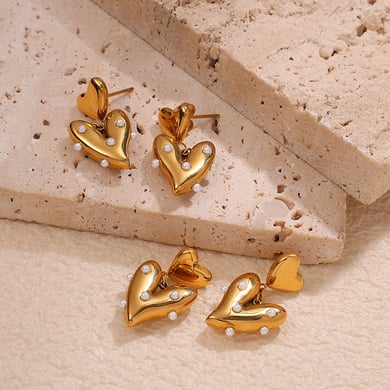 Pendientes colgantes de acero inoxidable color dorado con forma de corazón h5 Imagen2