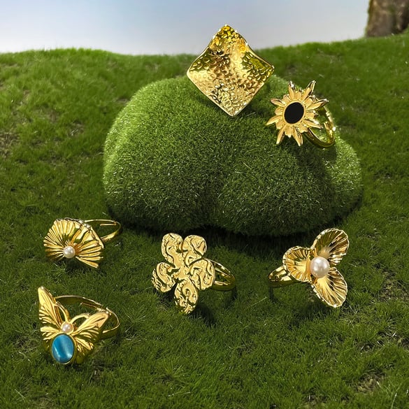 Retro Blume Edelstahl Gold Farbe Einstellbare Ringe