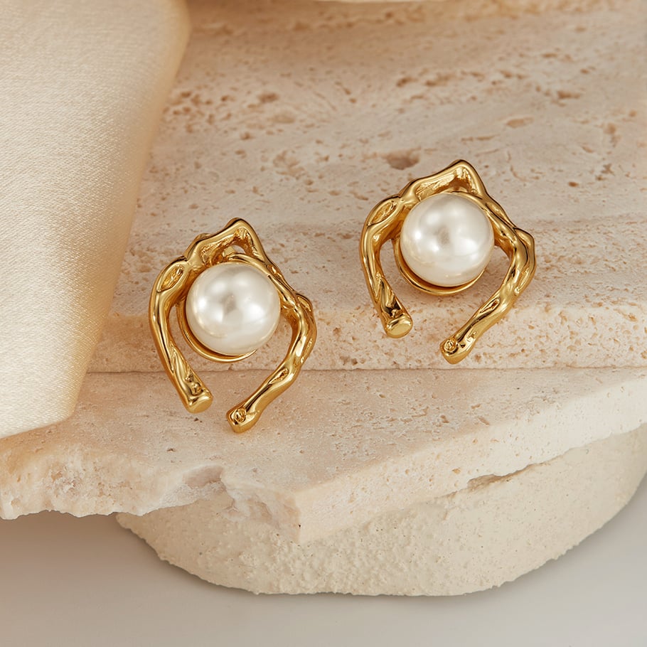1 paio di orecchini a bottone da donna in acciaio inossidabile color oro, con motivo geometrico, semplici e quotidiani Immagine5