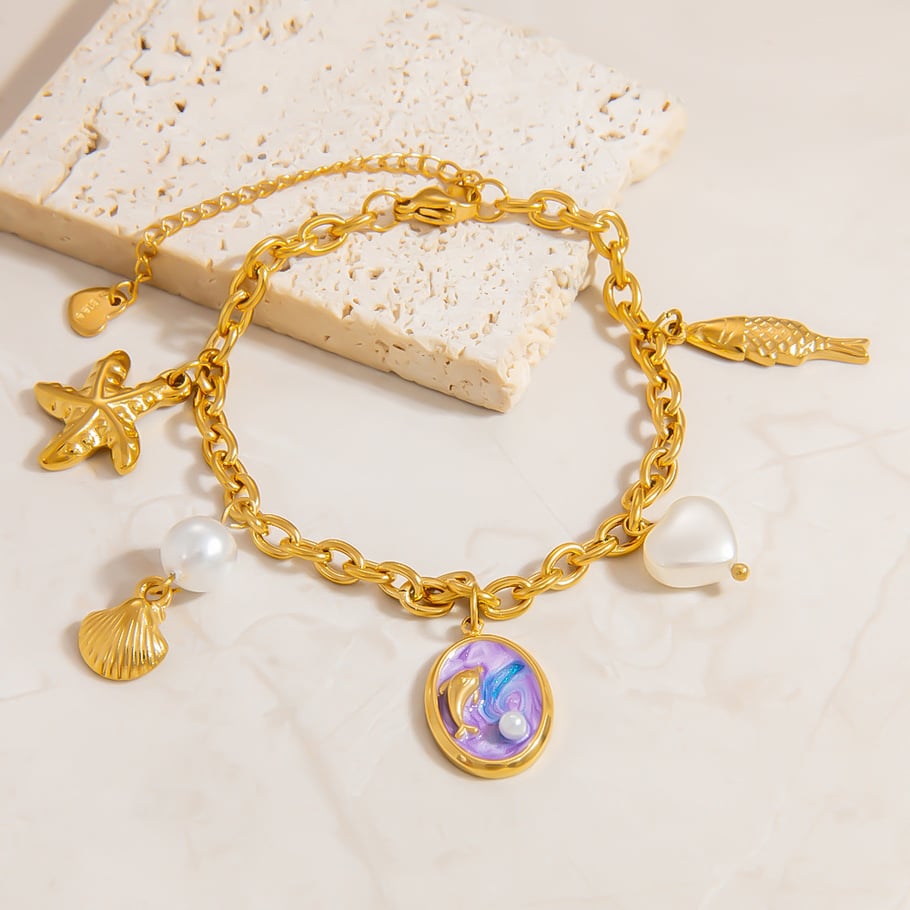 Vacation Turtle Stainless Steel Gold Color Artificial Pearl Women's Charm Bracelets Picture4