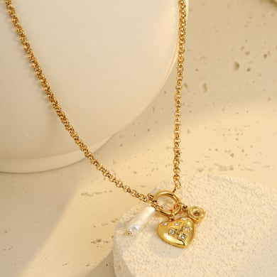 Collares románticos retro con colgante de corazón de acero inoxidable dorado para mujer h5 Imagen3