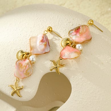 Pendientes de mujer con concha rosa y estrella de mar de la serie romántica h5 Imagen4