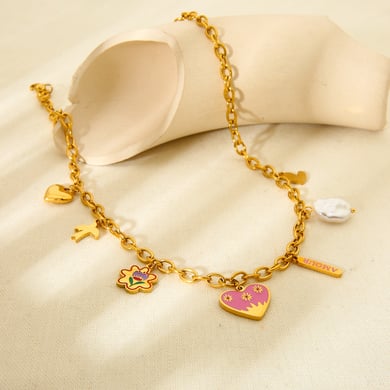 Collier pour femme en acier inoxydable avec pendentif en forme de cœur rose h5 Image4