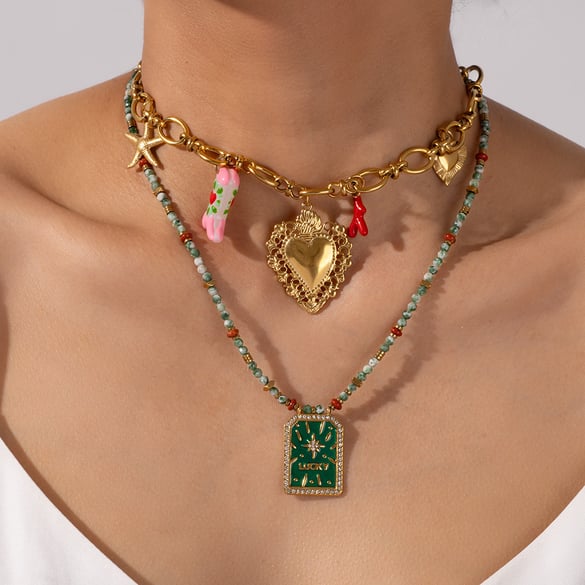 Heart Natural Stone Stainless Steel Gold Color Women's Pendant Necklaces 2