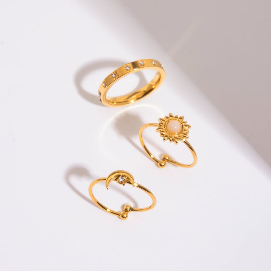 Casual Sun/Moon Stainless Steel Gold Color Ring Sets 