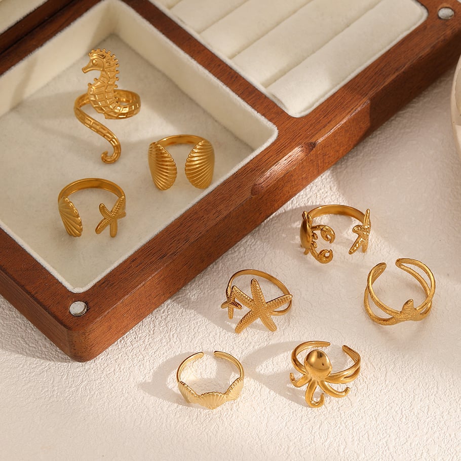 Anillos llamativos de acero inoxidable color dorado oceánico Imagen2