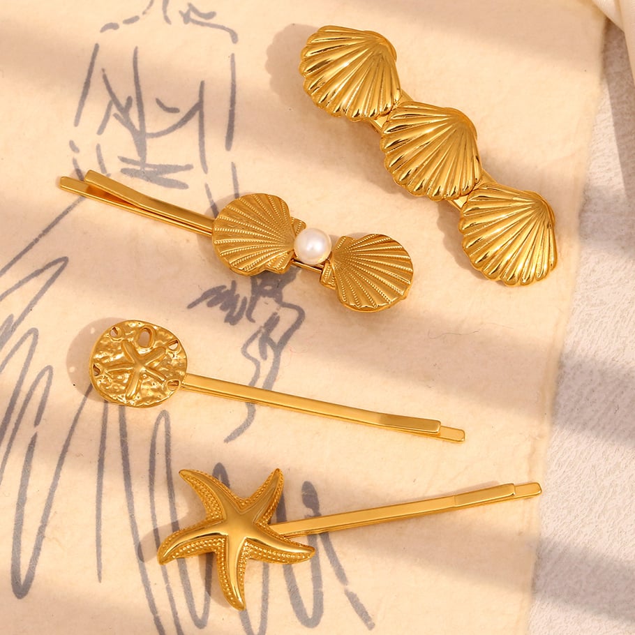 1 Piece Ocean Series Vintage - designed Gold - colored Stainless Steel Hair Clips Picture3