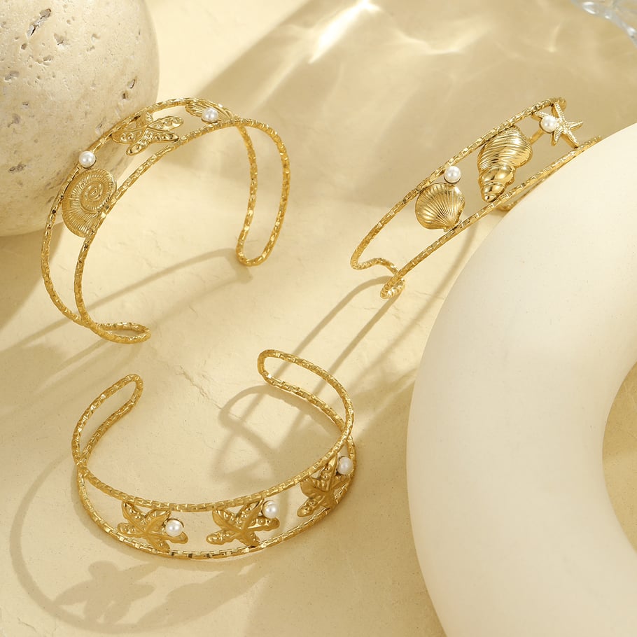 Pulseras de acero inoxidable de lujo para mujer, color dorado, con temática de caracola Imagen3