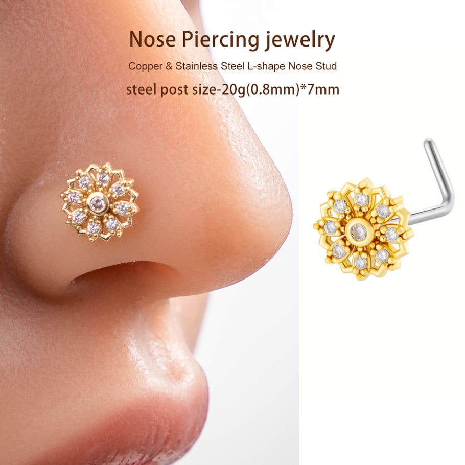 1 pièce de clou de nez pour femme en forme de fleur éblouissante, couleur cuivre et or, zircon Image5