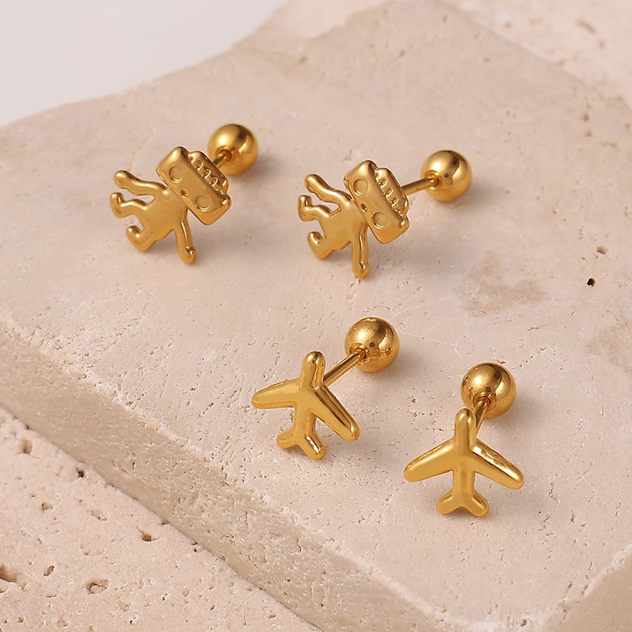 Cute Robot Stainless Steel Gold Color Piercing Earrings h5Picture2