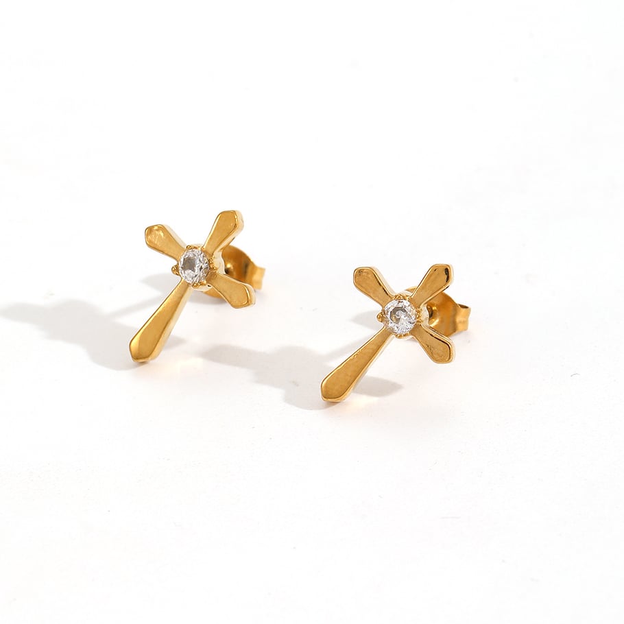 Ohrstecker mit Kreuz aus Edelstahl in Goldfarbe 