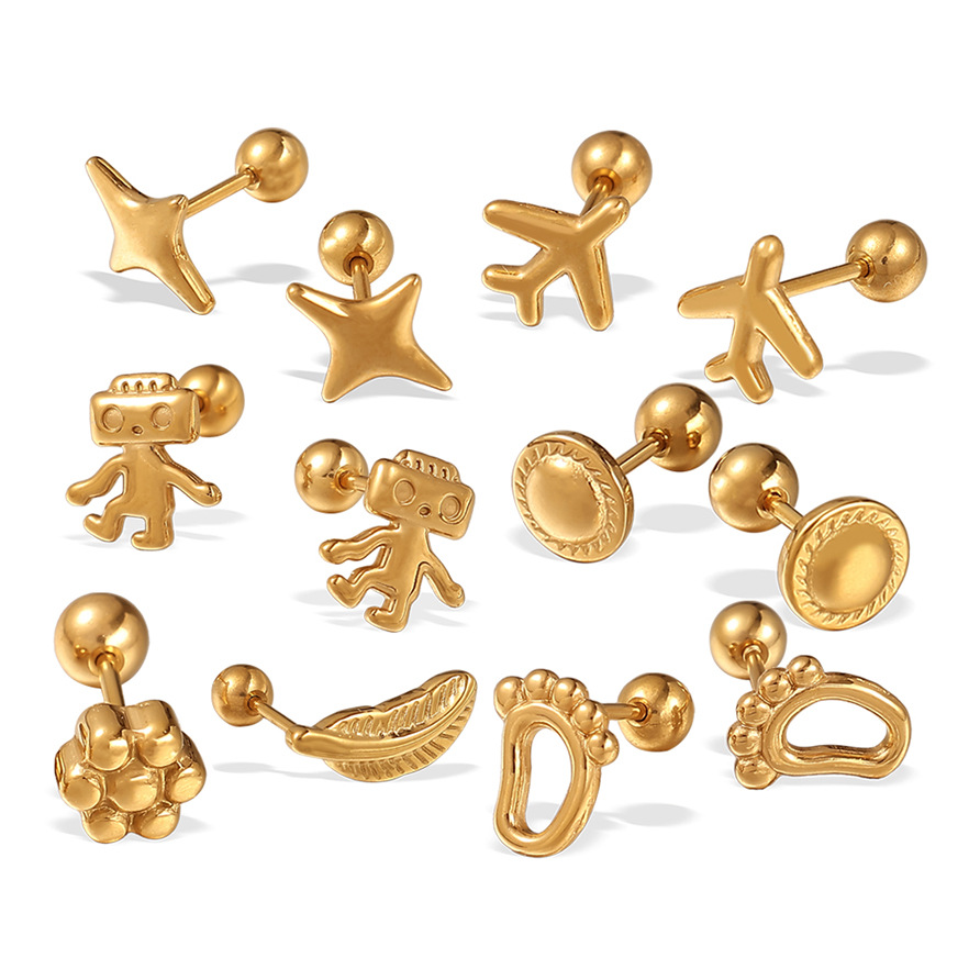 Cute Robot Stainless Steel Gold Color Piercing Earrings h5Picture5