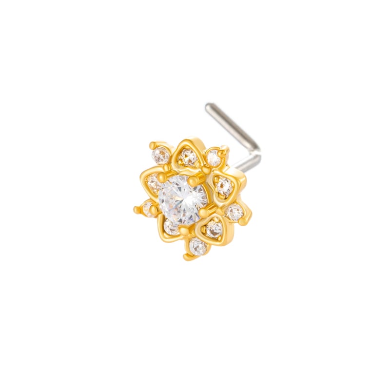 1 pièce de clou de nez luxueux en forme de fleur, couleur cuivre et or, serti de zircons pour femme 