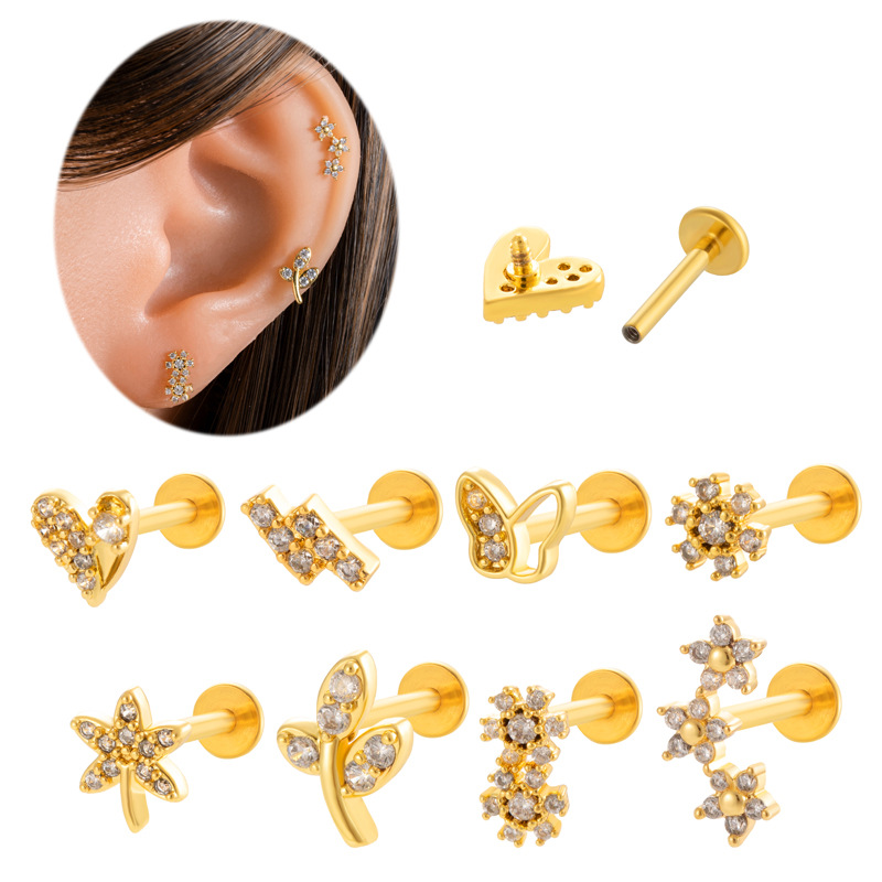 1 paire de boucles d&#39;oreilles piercing pour femme en forme de cœur simple, couleur cuivre et or, zircone Image3