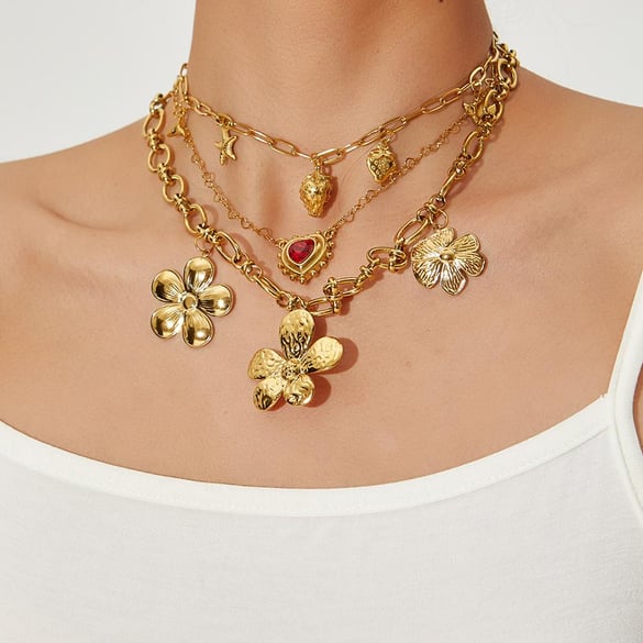 1 Paar luxuriöse Serie elegante Blume Edelstahl Gold Farbe Damen Anhänger Halsketten 2
