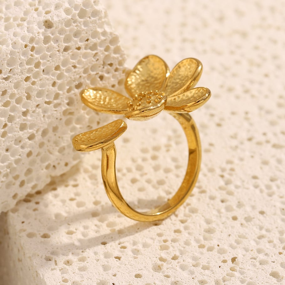Luxe stijl bloementhema gouden roestvrijstalen damesringen Afbeelding4