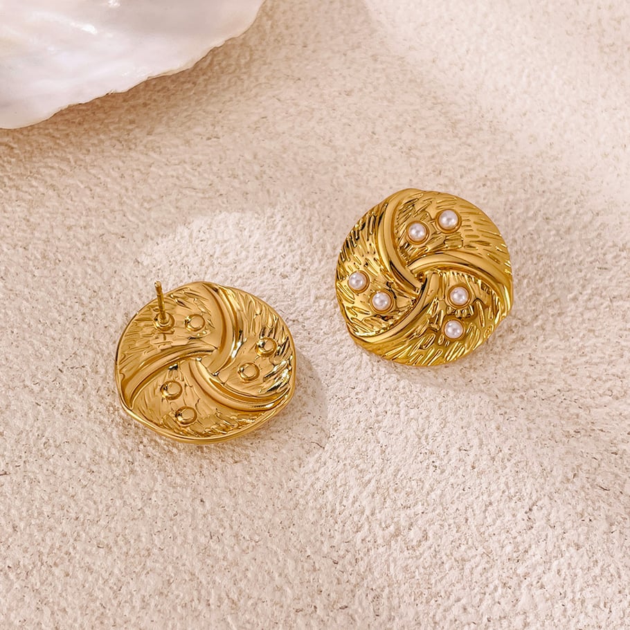 1 par de pendientes de botón de acero inoxidable con perlas artificiales de color dorado y geométricos de uso diario para mujer Imagen5