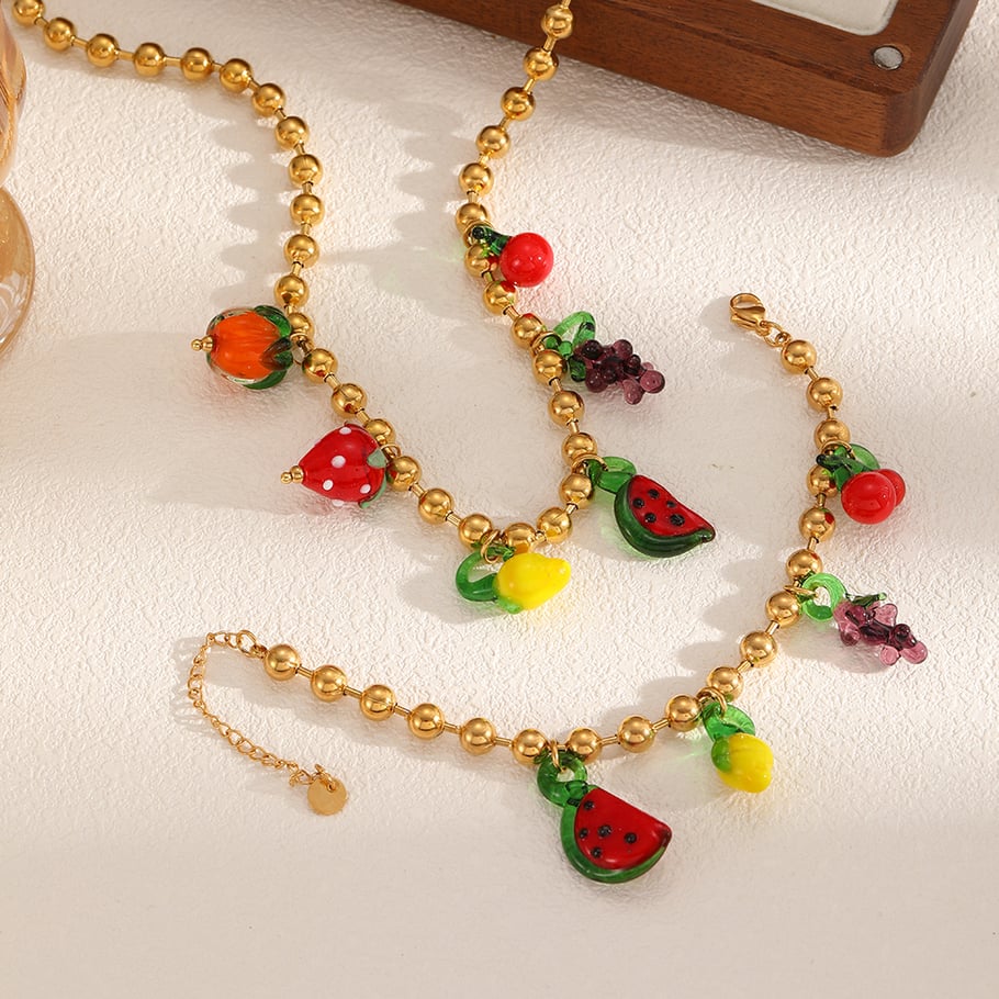 Pulsera con dijes de fruta en acero inoxidable color dorado, estilo Ins, 1 pieza Imagen3