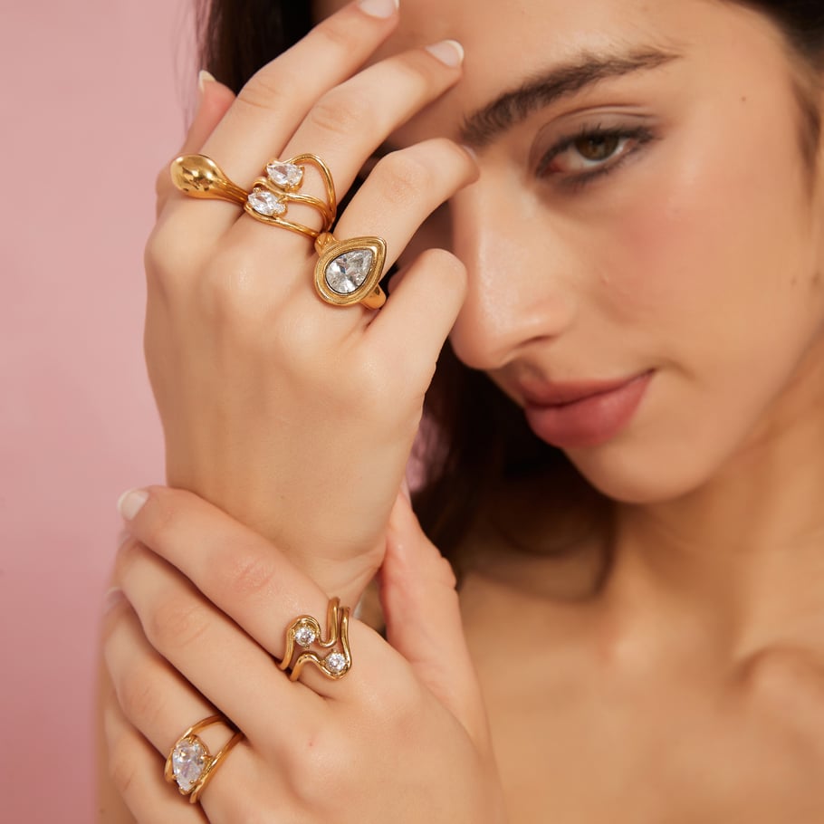 1 Piece Luxurious Series Sexy Geometric Stainless Steel Gold Color Women's Gemstone Rings h5Picture2