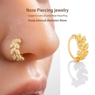 1 pièce de piercing de nez pour femme en forme de feuille, cuivre, couleur or et zircon h5 Image5