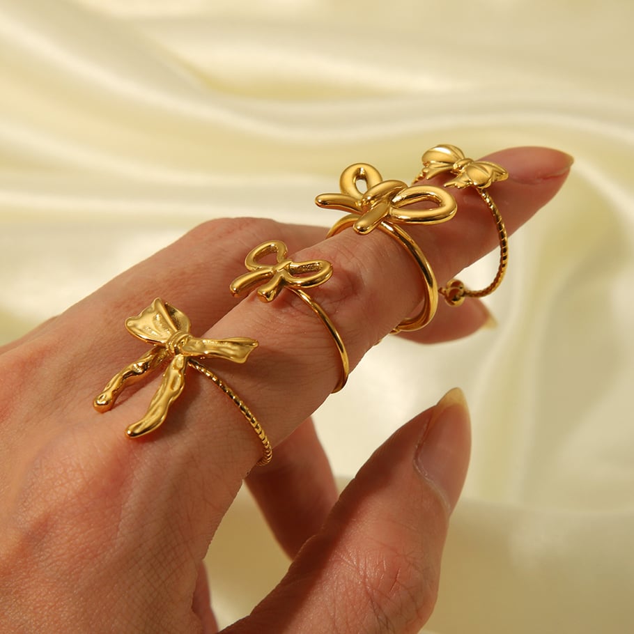 1 pezzo di anello regolabile in acciaio inossidabile color oro con nodo a fiocco dolce Immagine3