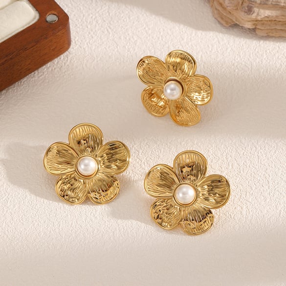 1 Pair Ins Style Flower Stainless Steel  Gold Color Earrings
