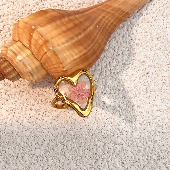 1 Stück Herz Blume Edelstahl Goldfarben Ring