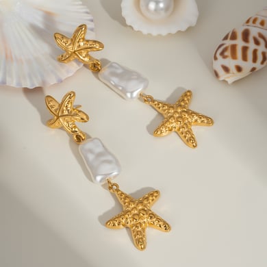 1 Paar goldfarbene Tropfenohrringe aus Edelstahl mit Seesternenmotiv h5 Bild3