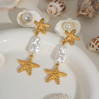 1 Paar goldfarbene Tropfenohrringe aus Edelstahl mit Seesternenmotiv h5 Bild4