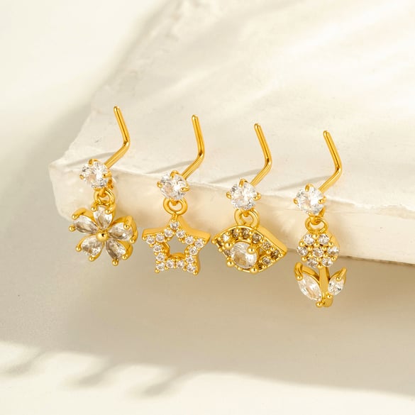 1 Pair Simple Series Simple Sun/Moon Copper   Gold Color  Zircon Women's Nose Stud 2