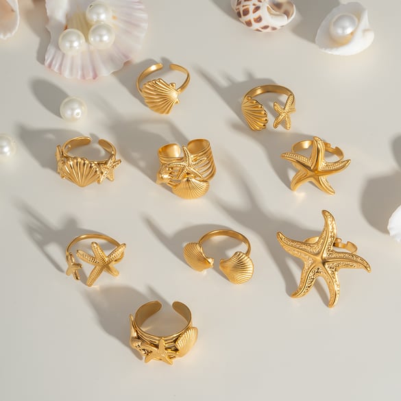 Anillo llamativo de acero inoxidable color dorado con forma de estrella de mar de 1 pieza 2