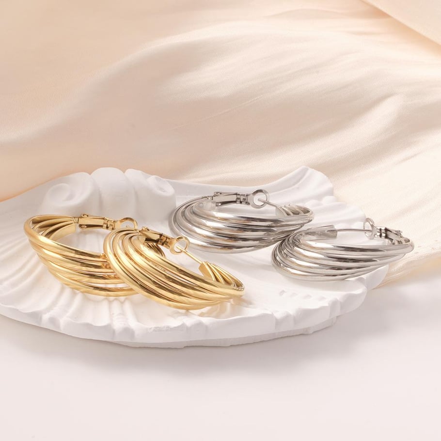 1 paire de boucles d&#39;oreilles créoles classiques en acier inoxydable couleur or pour femme, série Simple Image6