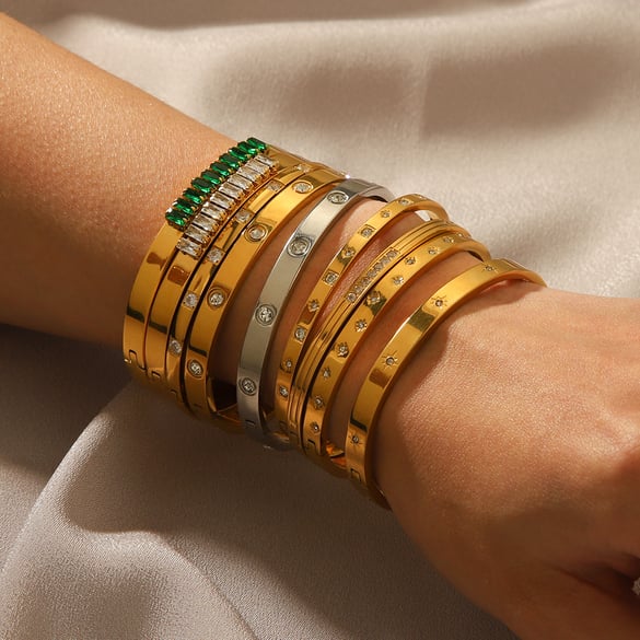 1 Pair Simple Series Daily Geometric Stainless Steel   Gold Color  Zircon Women's Bangles 2