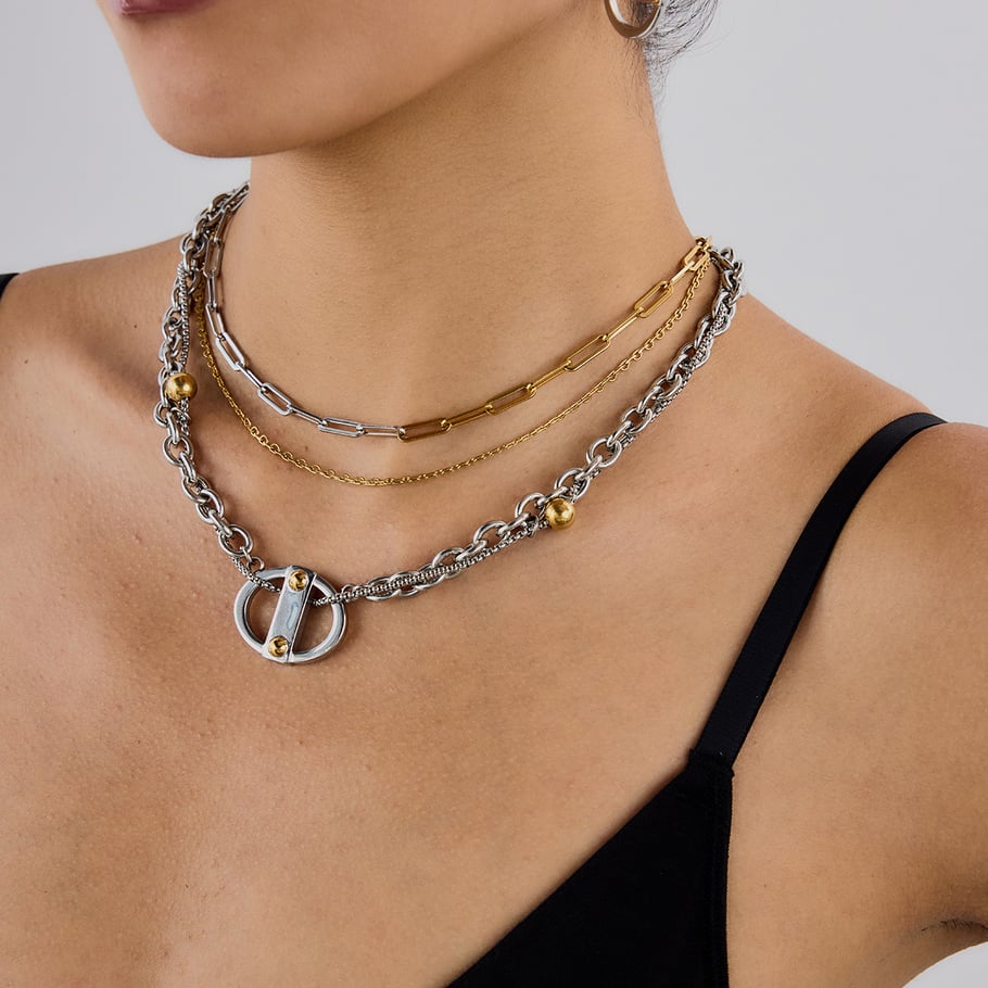 1 collar con colgante geométrico moderno de acero inoxidable en color dorado para mujer h5Imagen3