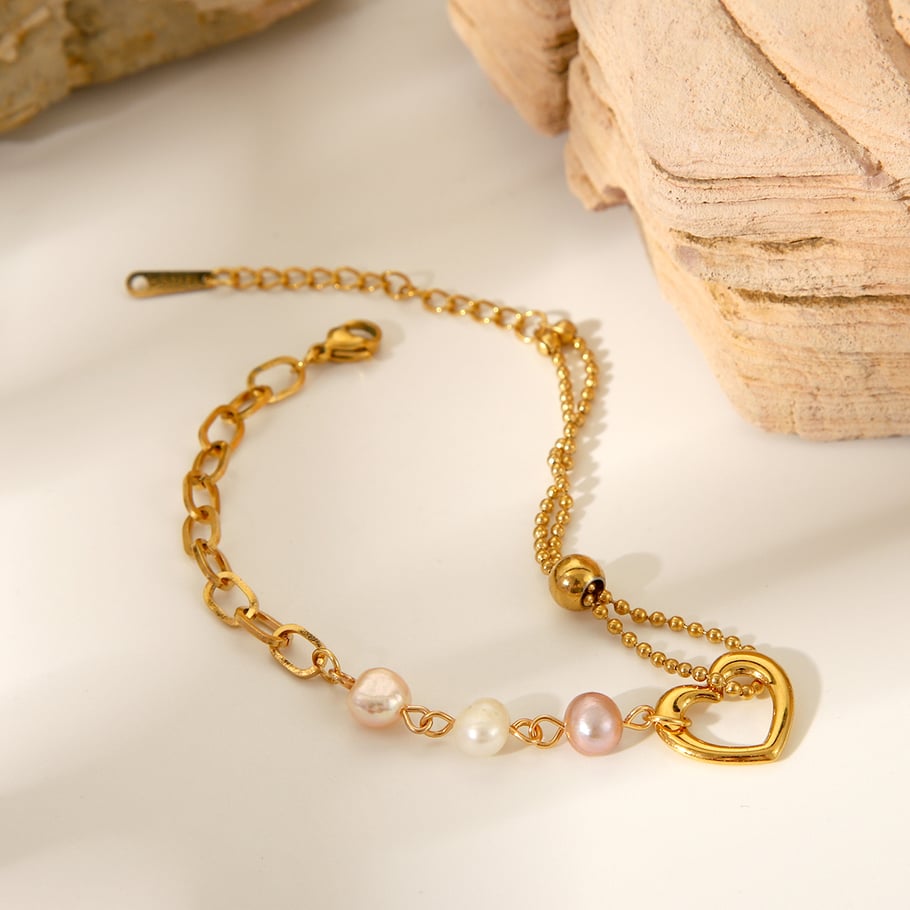 1 Pair Simple Series Sweet Heart Stainless Steel   Gold Color  Natural Stone Women's Chain Bracelets Picture8