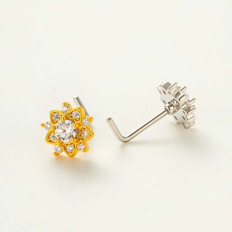 1 pièce de clou de nez luxueux en forme de fleur, couleur cuivre et or, serti de zircons pour femme Image3