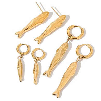 1 paire de boucles d&#39;oreilles créoles en acier inoxydable doré pour femme, motif poisson d&#39;été h5 Image5