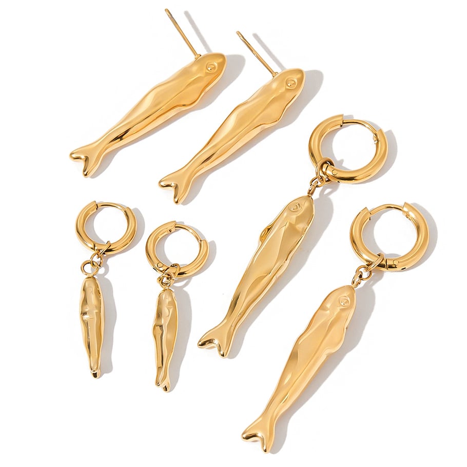 1 paire de boucles d&#39;oreilles créoles en acier inoxydable doré pour femme, motif poisson d&#39;été Image5