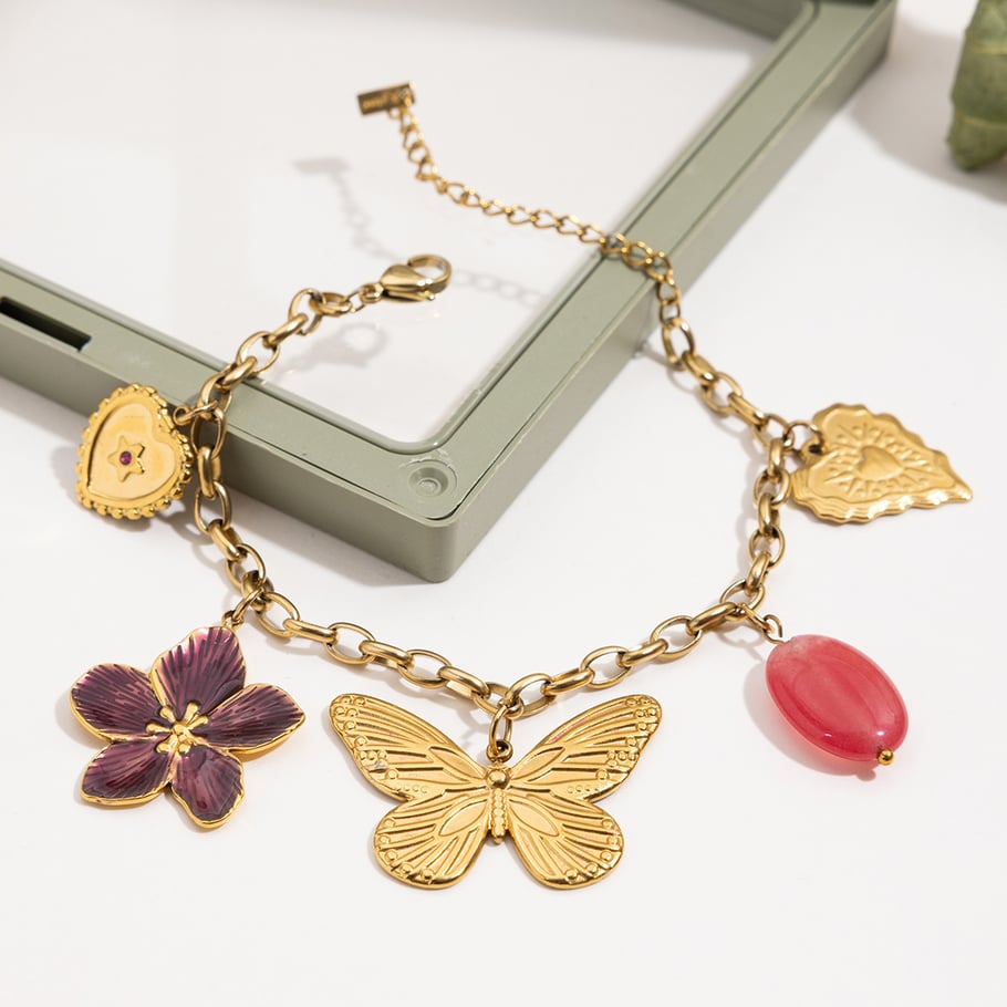 Collier avec pendentif en acier inoxydable doré pour femme, motif fleur et papillon Image7