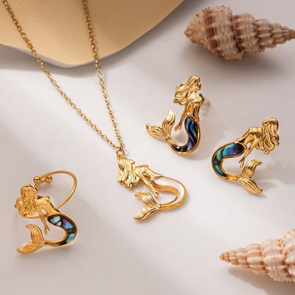 Meerjungfrau Edelstahl Goldfarben Ohrring Set