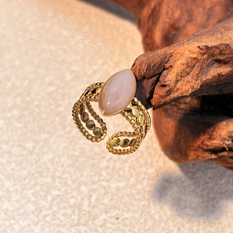 Bague en acier inoxydable couleur or avec pierre naturelle, 1 pièce 