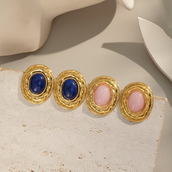 1 Pair Classic Stainless Steel Gold Color Natural Stone Stud Earrings 2