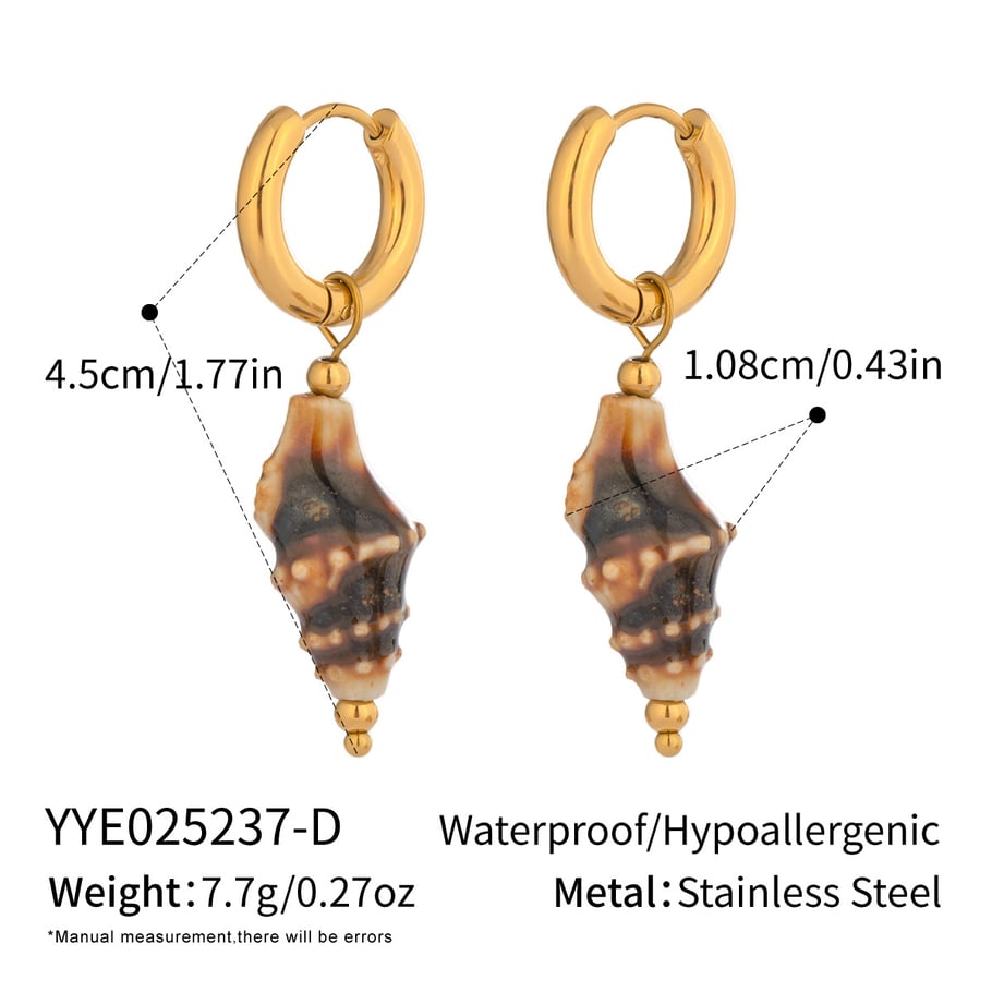 1 paio di orecchini pendenti in acciaio inossidabile color oro con conchiglia in ceramica 