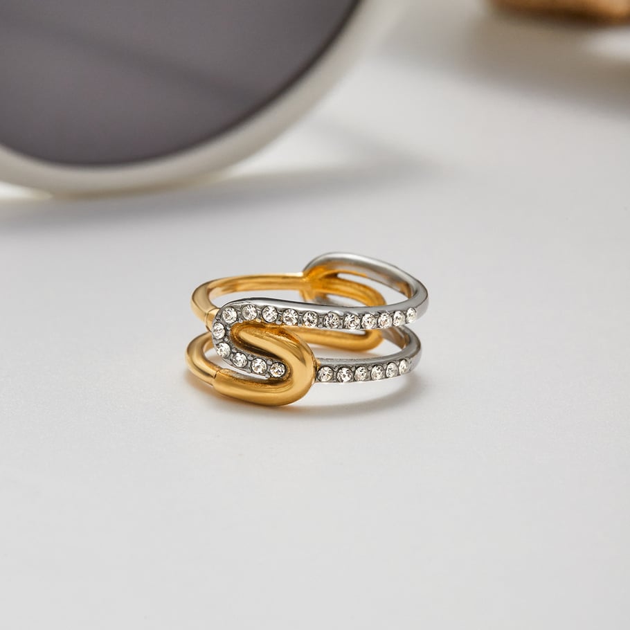 Bague pour femme en acier inoxydable couleur or, série luxueuse, motif géométrique classique, pierres précieuses Image3