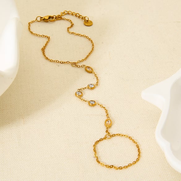1 Piece Stainless Steel Gold Color Zircon Finger-connected Bracelet
