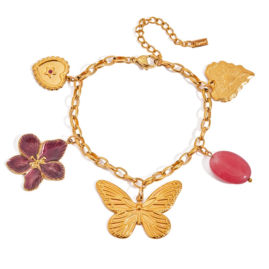 Collier avec pendentif en acier inoxydable doré pour femme, motif fleur et papillon 