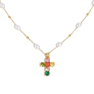 Colored Zircon Cross Imitation Pearl Necklace - Gold 