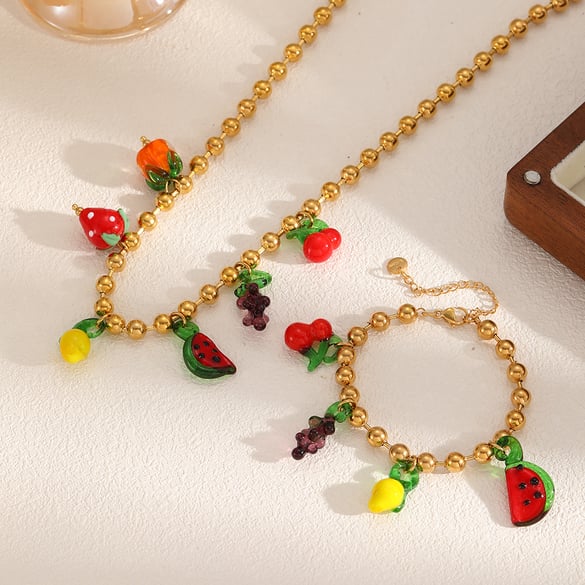 Pulsera con dijes de fruta en acero inoxidable color dorado, estilo Ins, 1 pieza