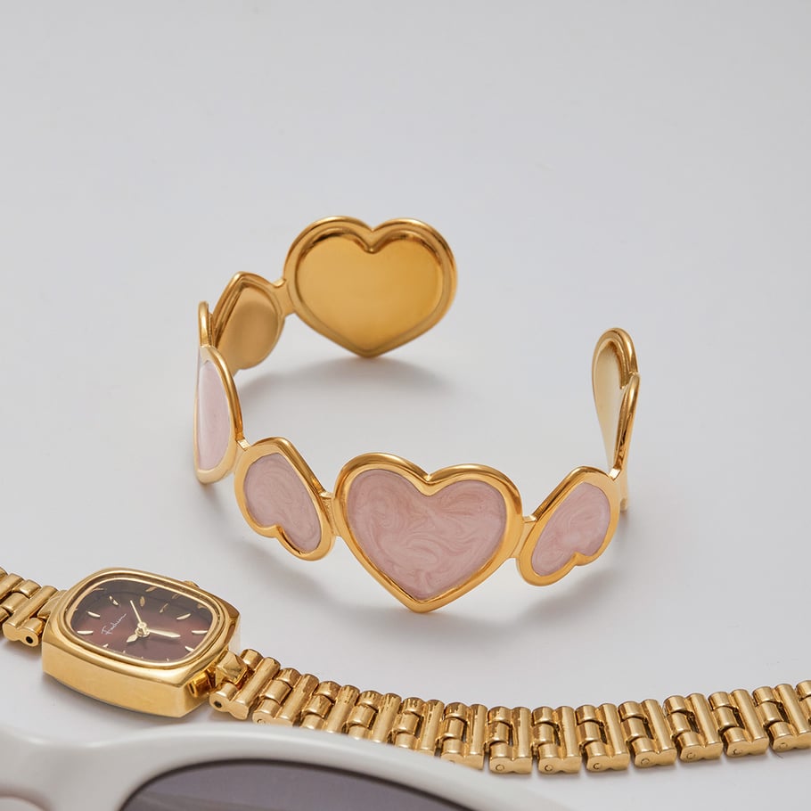 1 Piece Romantic Series Pink Heart Stainless Steel Gold Color Women's Bangles Picture9