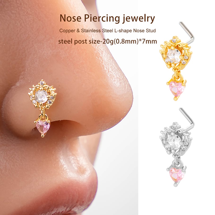 1 pièce de piercing de nez élégant en forme de cœur, couleur cuivre doré et zircone pour femme Image4